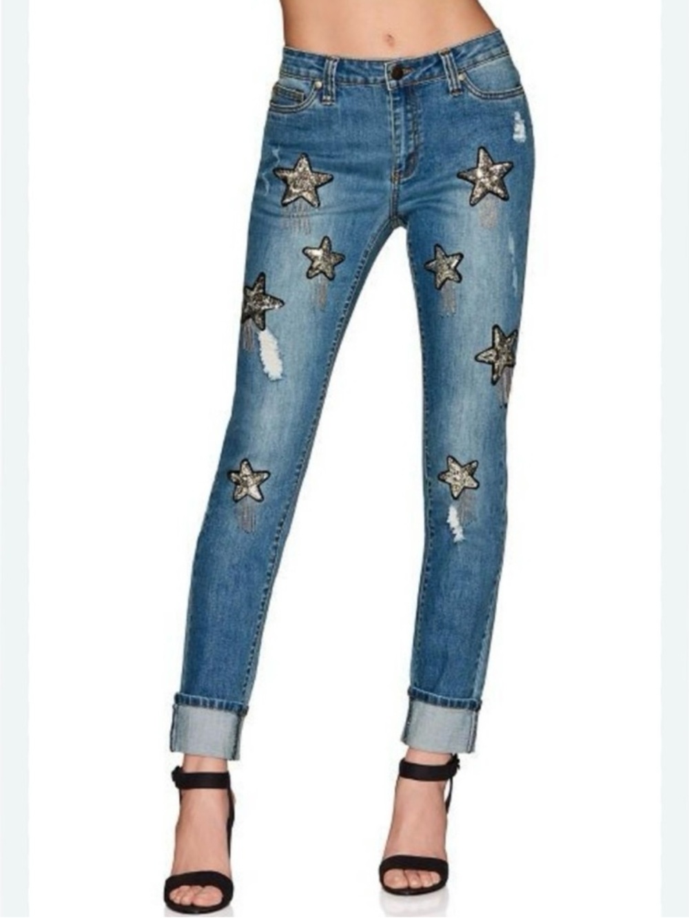 Boston Proper Blue Boyfriend Jeans with Star Sequin Appliqués.Size 6
